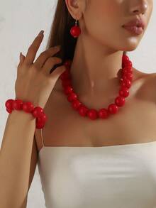 1 Set de 4 piezas de Collar, Pulsera Elástica, Aretes de Estilo Bohemio Retro Exagerado con Cuentas Geométricas de Plástico, Juego de Joyas como Regalo para Mujeres, Uso Diario