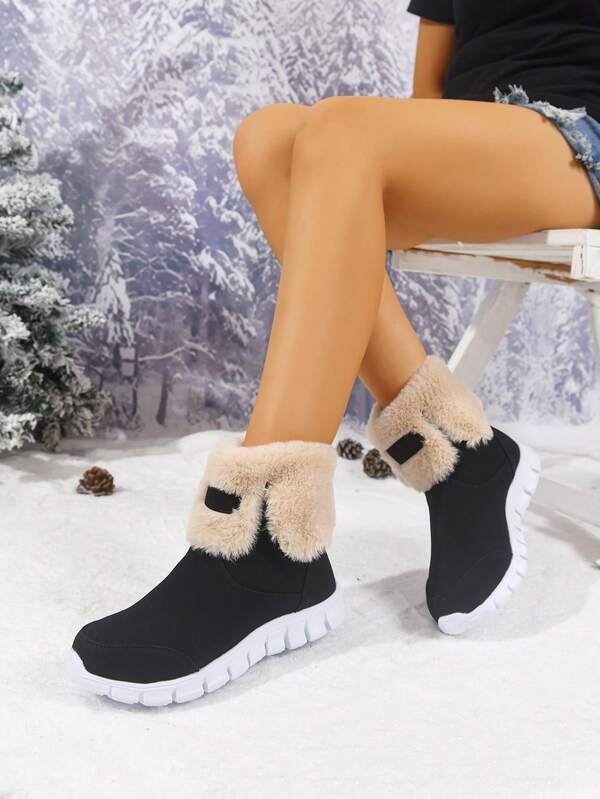 Stivali da neve a metà polpaccio da donna, nuovi per l'inverno, punta tonda piatta, colore unito, con bordo in pelliccia sintetica, senza lacci, caldi e termici, adatti per uso interno/ufficio