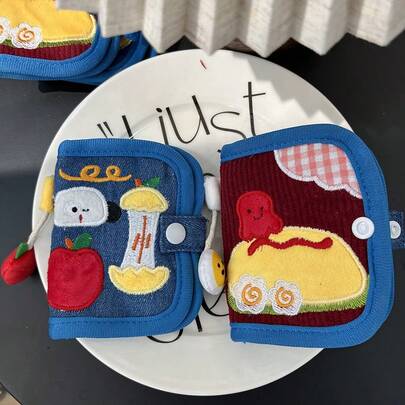 1 迷你可爱帆布短拉链钱包，紧凑折叠牛仔灯芯绒卡包，手提包刺绣包，小巧可爱的钱包