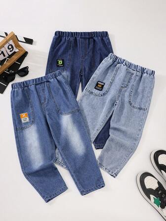 3 件套儿童浅蓝色和中蓝色拼布水洗牛仔裤，男童休闲松紧腰裤，适合春秋季