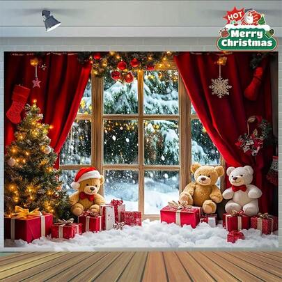 1-częściowe tło do fotografii bożonarodzeniowej i noworocznej – zimowa scena śnieżna z choinką i misiem, odpowiednie na wesela, urodziny i rocznice, dostępne w wielu rozmiarach