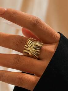 COINBUFF 1pc Fashionable Exaggerated Circle Dot & Line Stainless Steel Gold-Plated Adjustable Ring Suitable For Women's Daily Wear - As Shown - View 9