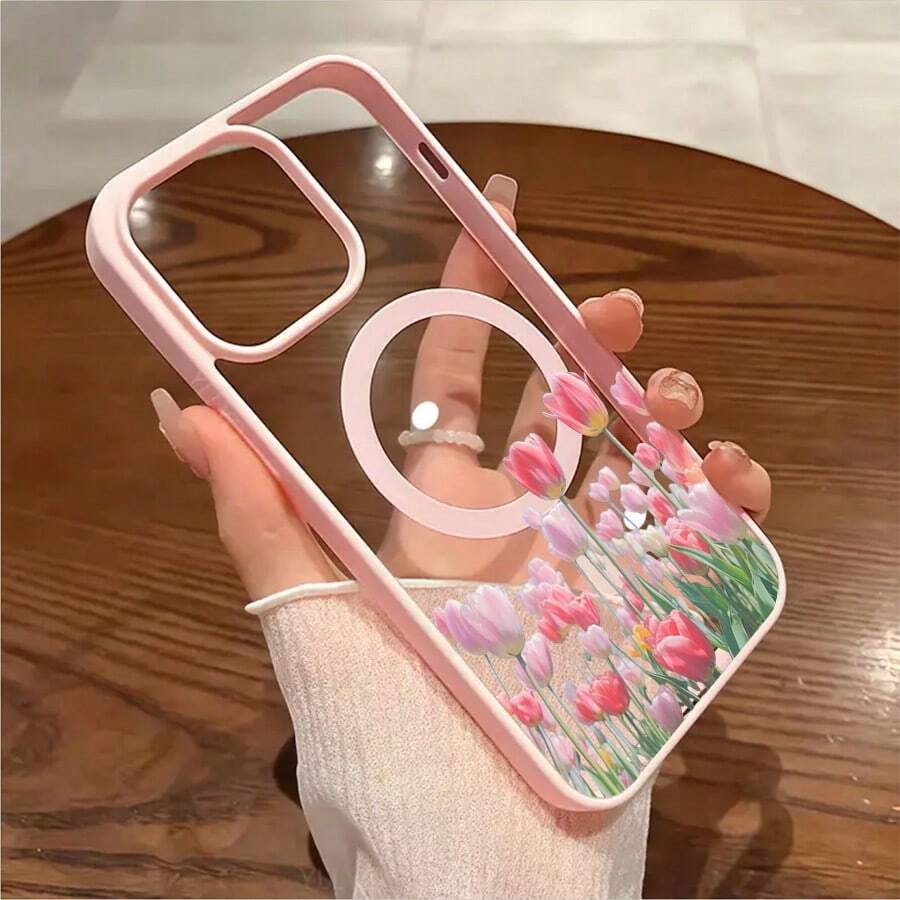 Pink Tulip Flower Pattern-Magnetic Phone Case For IPhone 17/16/15/14/13/12/11/X/XS/ Galaxy Phone Cases-Slim TPU Protective Cover, Anti-Slip & Scratch Resistant | Perfect Birthday Present For Her | Summer Gift Idea - Hồng - Xem 1