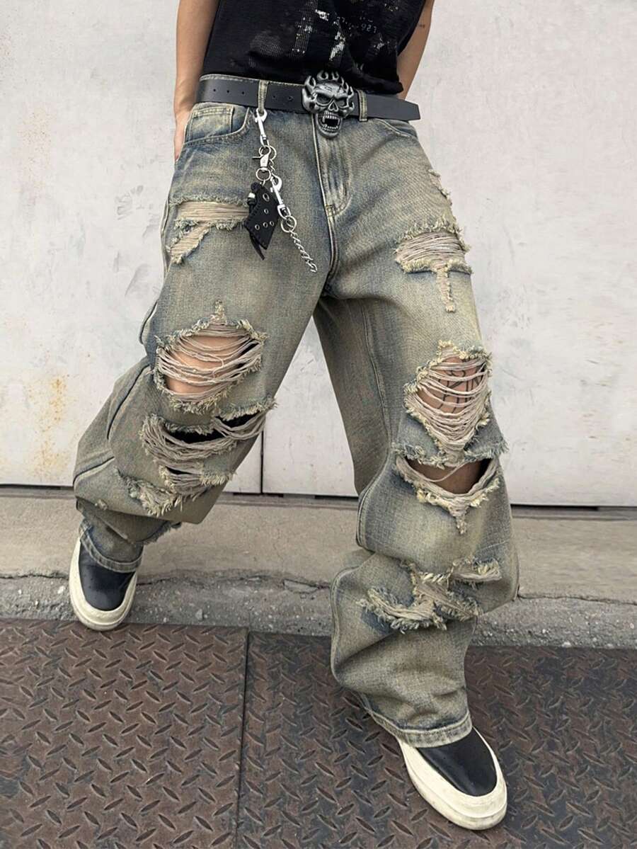 1pc Men's Distressed Wide Leg Jeans, American Vintage Ripped High Street Casual Loose Fit Long Pants (Product Does Not Include Belt And Accessories), Emo Style