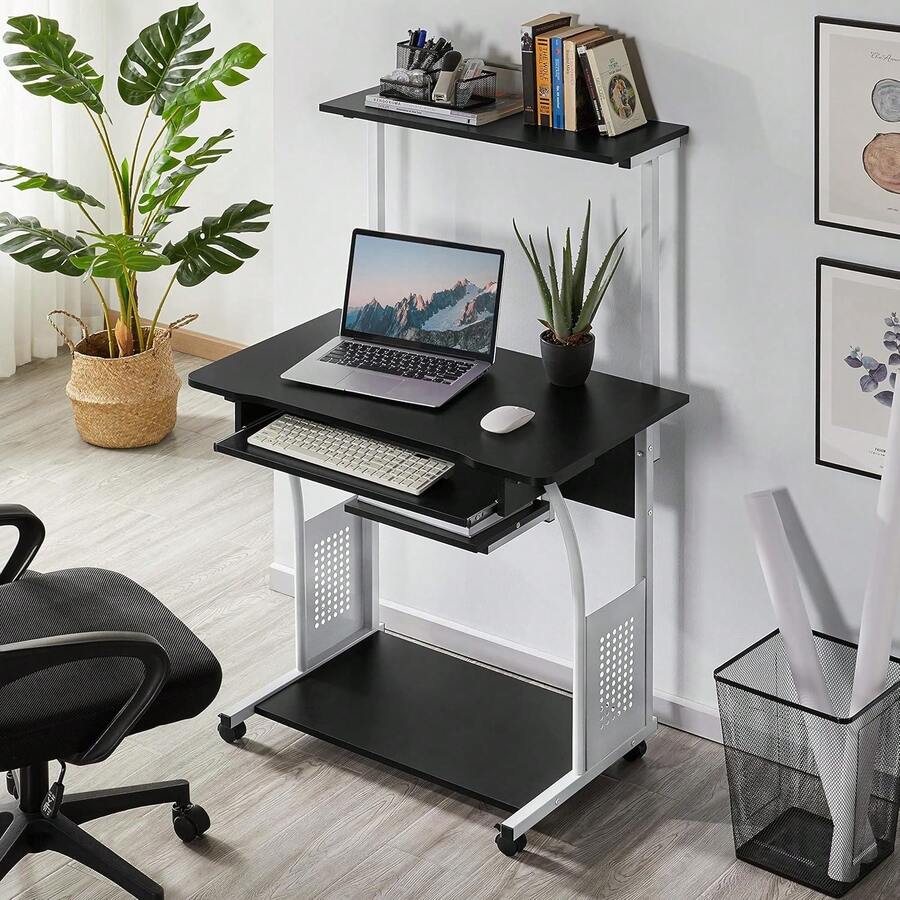 2 Tiers Computer Desk With Keyboard Shelf And Printer Shelf Stand Home Office PC Laptop Table Furniture Study Gaming Desktop Workstation - Black - View 1