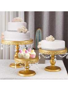 3Pcs Antique Cake Stand Set - Round Metal Cupcake Stands With Pendants And Beads - Elegant Dessert Display, For For Wedding, Birthday Party Decor, Gold/Champagne/Cream White,Holiday Decor,Christmas Gifts - 金色 - 查看 12