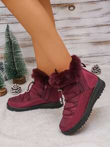 Women's Winter New Solid Color Versatile Comfortable Slip-On Side Zipper Snow Boots, Warm Thick Short Boots, Anti-Slip Waterproof Short Boots, Fashionable High-Top Snow Boots