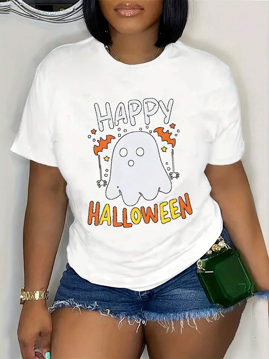 Women's Happy Halloween Print, Cotton Crew Neck Design, Breathable And Stretchy Fabric, Perfect For All Seasons, Perfect For Home Wear And Gifts. Perfect For Birthdays, Holidays, Family Outings, And Everyday Wear.