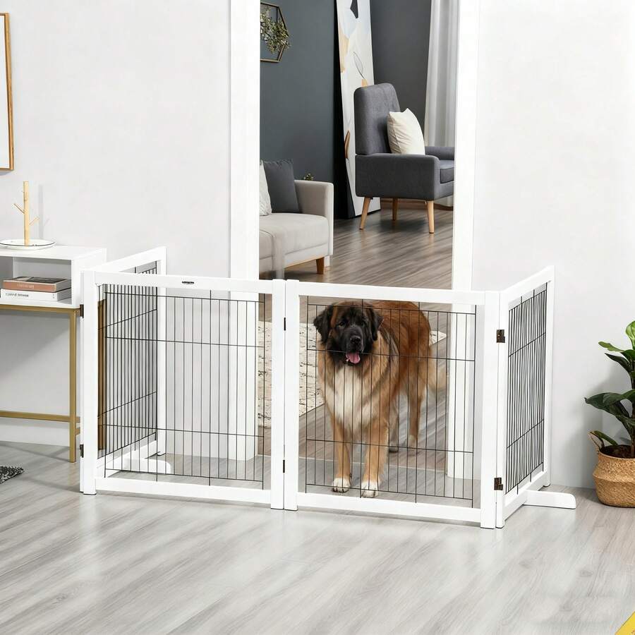 PawHut Türschutzgitter aus Holz & Stahl, Absperrgitter für Hunde & Haustiere, Sicherheitsgitter 305x35,5x82 cm, weiß