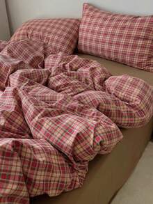 3件套100%涤纶复古格子印花被套组，2个枕套+1个被套（不含床单） - 彩色 - 查看 4