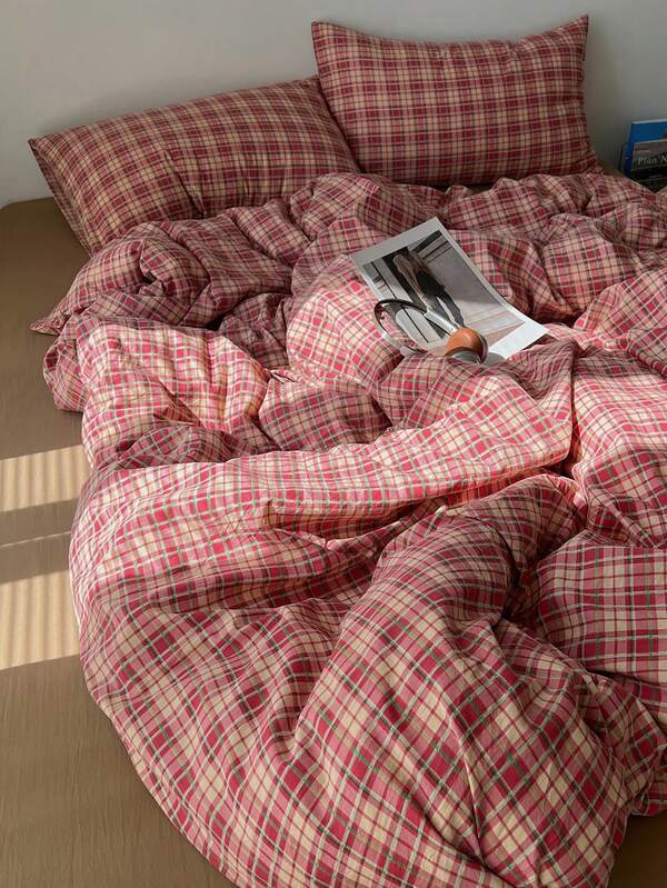 3pcs 100% Polyester Christmas Retro Plaid Print Duvet Cover Set, 2 Pillow Shams + 1 Duvet Cover (No Bed Sheet)