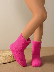 Botas de Cano Médio Forradas Termicamente em Tecido Boêmio de Cor Sólida para Mulheres, Uso Doméstico, Outono/Inverno, Pele, Festa