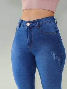 Women's Skinny Pants With High Elasticity - 中等水洗藍 - 查看 1