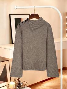 Women's Solid-Color Tops, Long-Sleeved Button Detail Pullover Sweater, Casual Streetwear, Popular In Autumn And Winter, Versatile For All Occasions, Work,Thanksgiving,Christmas Sweater