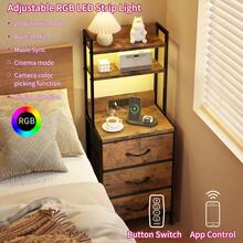 Tomnk 3 Drawers Tall Nightstand With Charging Station, 41 Inch Led Night Stand With U-S-B Port & Socket, 3 PU Finished Fabric Storage Drawers, Office, Bed Side Table & Bookshelf In One, Black/White/Rustic Brown - 美規B型插(110-127V) - 查看 6
