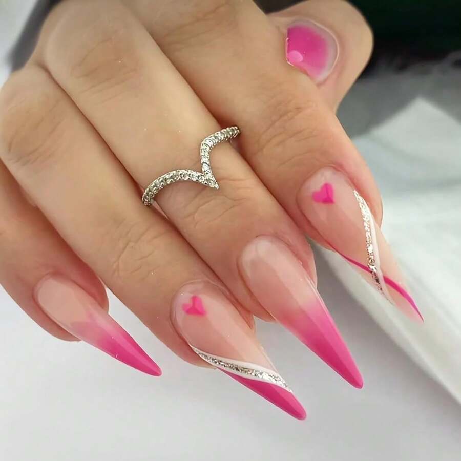 Pink Press On Nails Long Stiletto Fake Nails Heart Glue On Nails Acrylic Nails Gold Swirl Romantic False Nails 24Pcs Almond Manicure Stick On Nails Gel Nails For Women And Girl - 多色21 - 查看 1