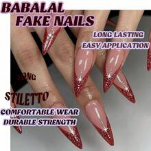 Press On Nails Long Stiletto Fake Nails Ruby Red French Tip Glue On Nails Star Design Acrylic Nails 24Pcs Almond False Nails Glossy Stick On Nails - 多色23 - 查看 6
