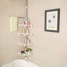4-Tier Shower Corner Caddy Tension Pole Rod Bathroom Shelf Organizer Adjustable Storage Rack Stand Shampoo Soap Holder With Towel Bar - White - View 4