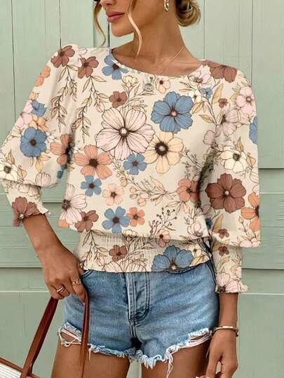 Women's Casual Vacation Style Floral Print Lantern Sleeve Shirred Wide Hem Top, Spring/Autumn