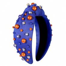 Pearl Knotted Headband, Blue, Fabric, For Women Football Game Day, Pearl Rhinestone Jeweled Hairband, Team Spirit Sports Fashion Ladies Wide Headband, Hair Accessories, One Size Fits All - 藍色A - 查看 2