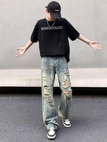 American High Street Retro Ripped Jeans For Men, Loose Straight Leg, Rugged And Handsome, Slightly Flared Design, Beggar Pants