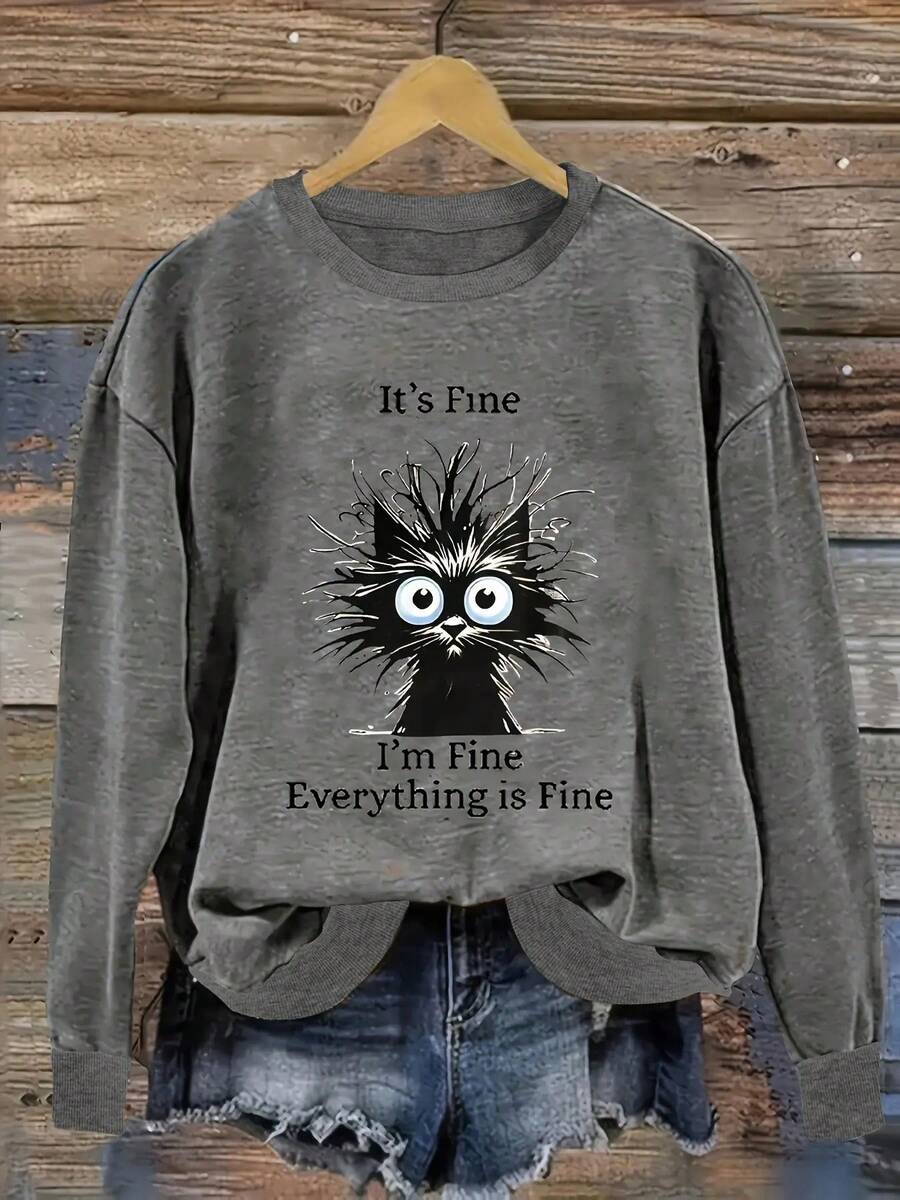 Women's Casual Long Sleeve Round Neck Sweatshirt - Cute Cat Graphic & "It's Fine" Humorous Print, Loose Fit Pullover, Machine Washable Fall Winter Top, Cat Sweater, Everyday Apparel, Comfortable Clothing - 灰色 - 查看 1