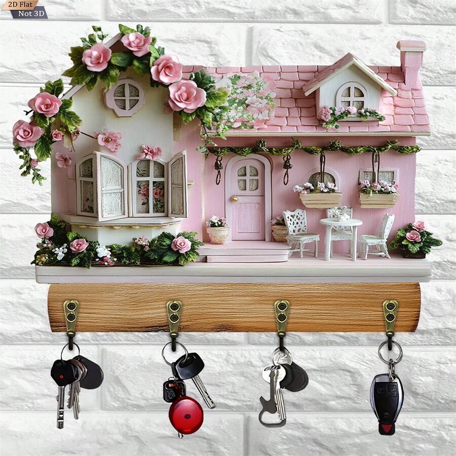 Wall Mount Cottage Key Holder Creative 2D Decorative Key Hanger For Home Living Room Office - Pink - View 1