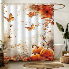 Autumn Maple Leaf Butterfly Pumpkin Thanksgiving Shower Curtain, Thanksgiving Bathroom Decoration, Bathroom Accessories Waterproof Shower Curtain With 12 Hooks