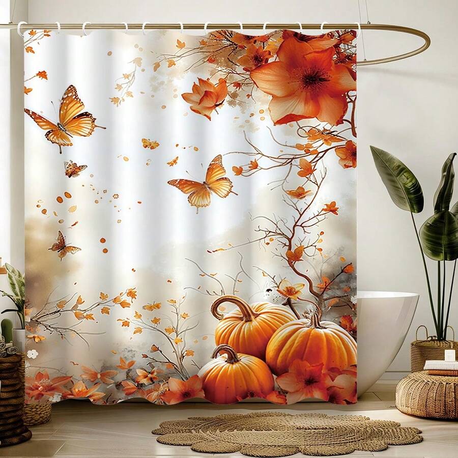 Autumn Maple Leaf Butterfly Pumpkin Thanksgiving Shower Curtain, Thanksgiving Bathroom Decoration, Bathroom Accessories Waterproof Shower Curtain With 12 Hooks