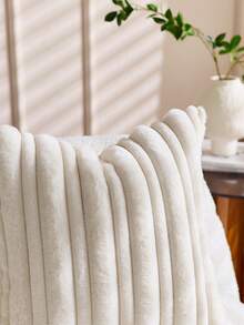 1pc Beige Textured Thick & Thin Stripe Rabbit Fur Decorative Throw Pillow Cover, Front Jacquard Rabbit Fur, Reverse Holland Velvet Fabric, Square Cushion Cover, Holiday Home Decor Pillow Case, Soft Velvet Material, Modern Decor For Sofa, Home & Bedroom - Beige - View 6