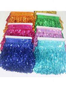 2/10 Size, 15cm Sequin Tassel Lace Trim, Sequin Ribbon Fringe Fabric, Latin Dance Costume, Stage Curtain Lace, DIY Craft (No Cardboard) - Multicolor - View 6