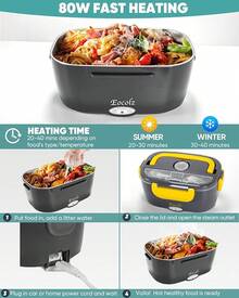 Lonchera Eléctrica - Fiambrera eléctrica de 60 a 80 W para adultos, calentador de alimentos portátil para coche, camión, trabajo, con tenedor y cuchara de acero inoxidable (Gray) - Gris Amarillo - Ver 7