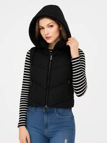 SAKERS OUTDOOR CLOTHING Chaleco informal de cuello alto para mujer, con bolsillos con cremallera, largo regular, tejido revestido, ligeramente elástico Chaleco Acolchado Dama Invierno Casual Moda, Capucha Sakers - Negro - Ver 3