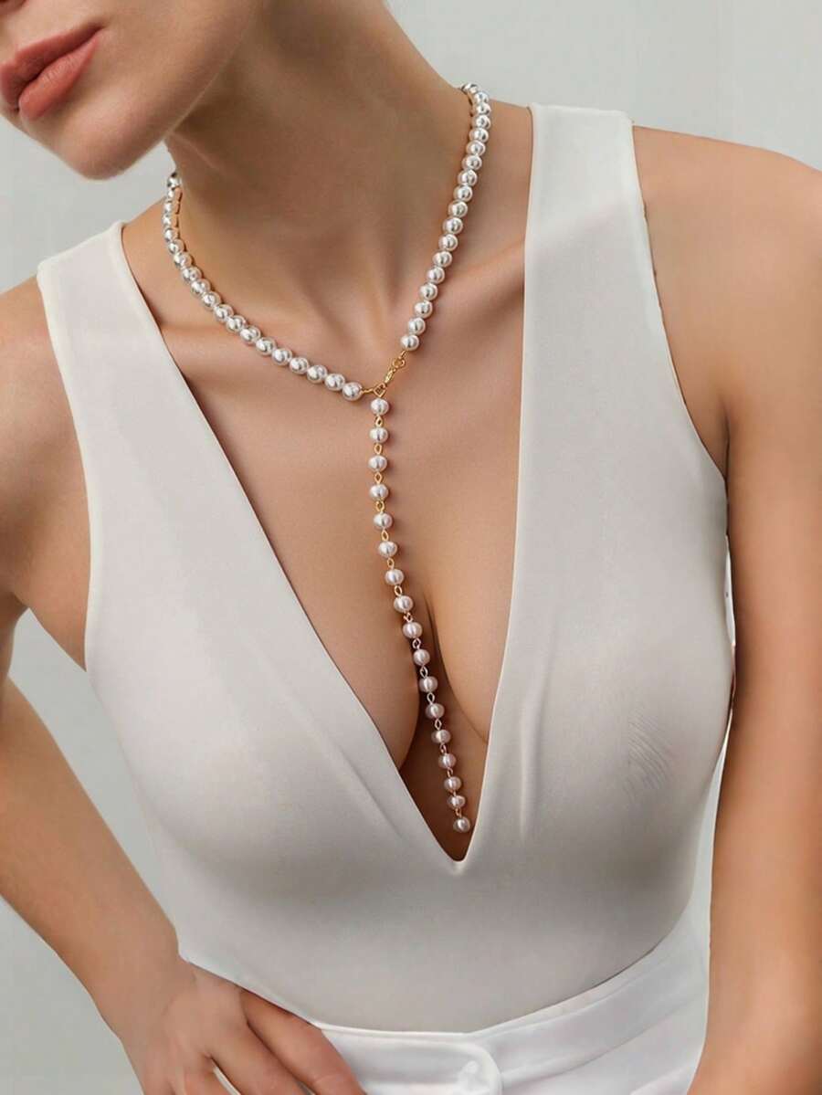 1pc Bohemian Style Fashion Minimalist Versatile Creative Faux Pearl Beaded Tassel Y-Necklace - White - View 1