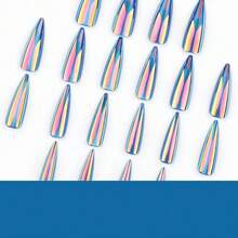 Stiletto Press On Nails Long Fake Nails Blue Chrome Glue On Nail Cat Eye Bling Acrylic Nails Shiny False Nails 24Pcs Manicure Stick On Nails Almond Glossy Artificial Gothic Nails - 多色2 - 查看 6