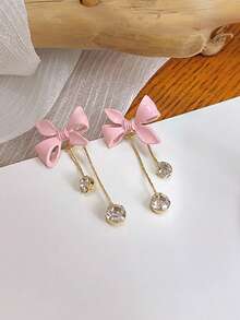 2pcs Fashionable Cute Bowknot Rhinestone Tassel Earrings, Suitable For Girls' Daily Wear