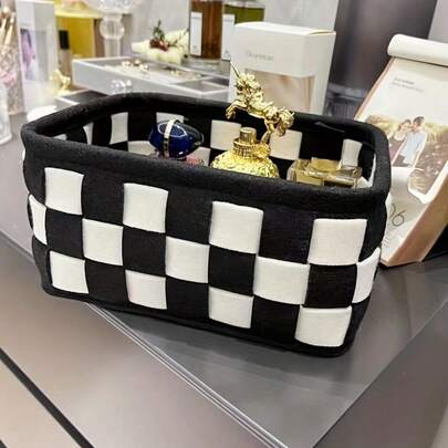 1 pezzo Cestino portaoggetti a scacchi bianco e nero - Design intrecciato durevole, adatto per contenere cosmetici, giocattoli, libri e spuntino, universale per scrivania e bagno, estetico e conveniente