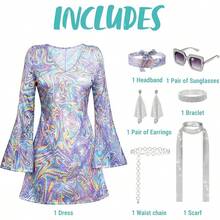 70s Disco Costume For Women, Retro Halloween Party Dress With Accessories, 1970s Dance Outfit - 紫色 - 查看 4