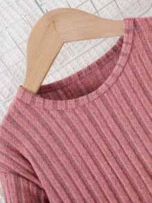 Conjunto de top de manga larga acanalado de unicolor + pantalones para niñas - Rosa Pálido - Ver 3