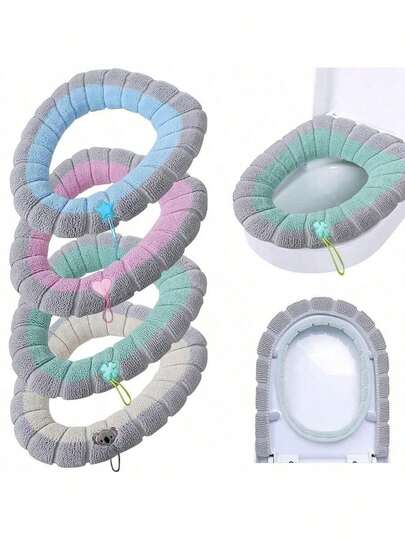 1 pieza Funda de asiento de inodoro de punto suave - Elástica, cálida y cómoda, accesorios de baño en rayas de color rosa, gris, azul, verde azulado y azul claro, fabricada en microfibra ultra suave para una mayor higiene y estilo, accesorios de confort para el baño, funda ajustada, textura de punto suave, decoración y accesorios de baño