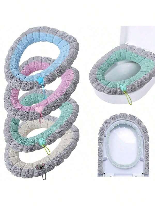 1pc Soft Knit Toilet Seat Covers - Elastic, Warm, And Comfortable Bathroom Accessories In Pink, Gray, Blue, Teal, And Light Blue Stripes, Made Of Ultra-Soft Microfiber For Enhanced Hygiene And Style, Bathroom Comfort Accessories Snug Fit Covers Soft Knit Texture, Restroom Decor And Accessories, Bathroom Comfort Accessories, Tightly Fitting Lid, Soft Knitted Texture, Bathroom Decoration And Accessories