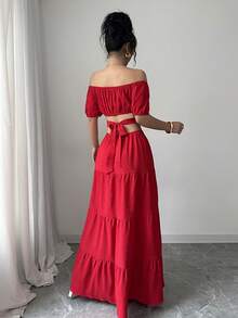 Vestidos de vacaciones casuales sin tirantes con estampado floral para mujer ,Viene con un cinturón de arco - Rojo - Ver 2