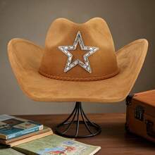 Western Style Wide Brimmed Hat Stylish Diamond Pentagram Decorative Suede Cowgirl Cap For Men Women Outdoor Wear - Khaki - View 3