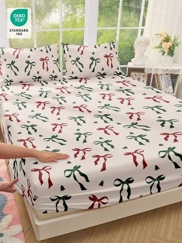 1pc Cartoon Christmas Fitted Sheet, Christmas Bedding, Mattress Protector, Bed Cover, Bed Sheet, Christmas Home Decoration, Cozy Home Textile, Breathable And Anti-Pilling Mattress Protector, Soft And Skin-Friendly, Christmas Bow Pattern Bed Cover, Soft And Comfortable Bedding For Bedroom, Fitted Sheet For Twin, Christmas Decorations, Christmas, Christmas Decorations Home, Christmas Gifts, Christmas Decorations For Home, Pink Christmas Decor