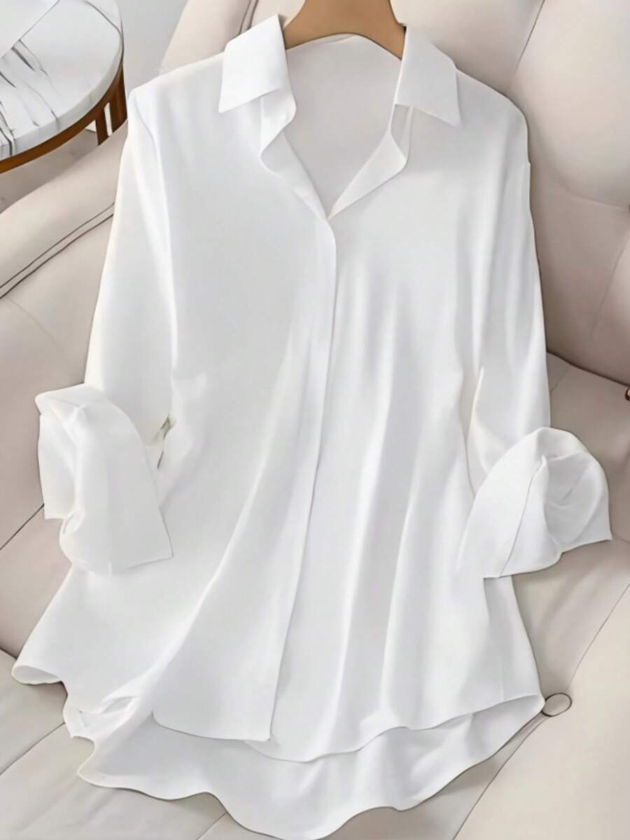 Women's Solid Color Shirt | Turn-Down Collar Button Long-Sleeve, Basic Versatile Fit For Daily Outings & Office Commute