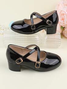 花童鞋适合婚礼、派对、节日，适合所有年龄段的女孩，儿童鞋，经典舒适百搭小鞋子，黑色简约漆皮交叉带高跟鞋，适合正式礼服、表演、芭蕾舞、公主鞋