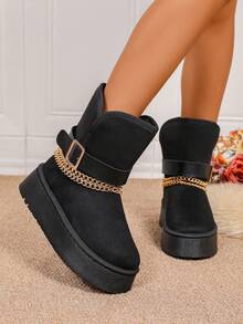 Stivali da neve invernali da donna, stivali alla moda con decorazione in metallo nero, stivali alla caviglia e stivali corti con suola spessa, altezza metà polpaccio, fodera termica, caldi e adatti per uso esterno