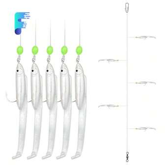 5钩沙比基钓组，软饵鳗鱼沙比基路亚套装，带反倒刺金属连接器的海洋钓鱼线钩