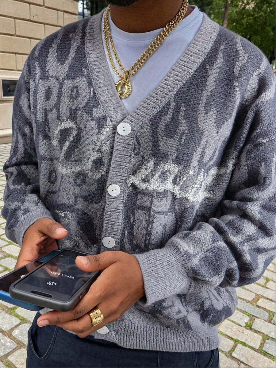 Men's Casual Loose Fit V-Neck Letter Print Long Sleeve Sweater, Versatile Street Style American Design, Suitable For Spring, Autumn, Winter