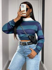 Women's Sexy Street Style Asymmetric Contrast Striped Collared Long Sleeve Cropped Sweatshirt, Autumn/Winter